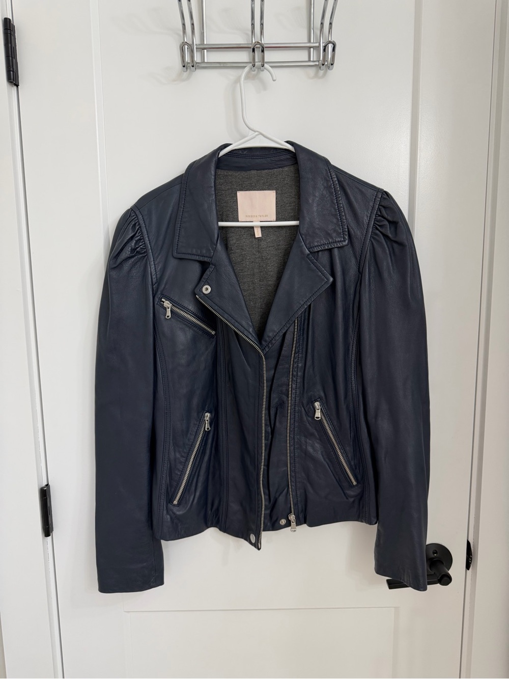 Rebecca Taylor Navy Leather Moto Jacket with Pleated Shoulders